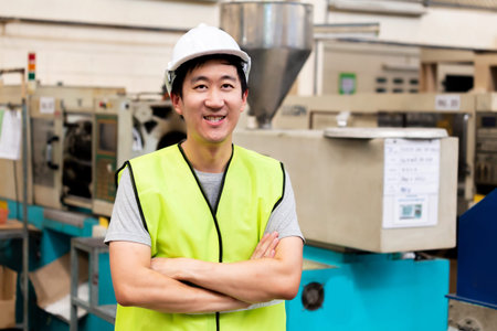 Front view of Asian factory worker with safety hard hat posed looking at camera with happy smile in industrial facilities at heavy industry factoryの写真素材