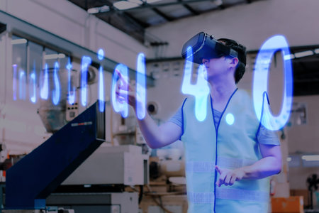 Factory and manfacturing engieering worker wearing VR goggle headset touching Industrial 4.0 text on...