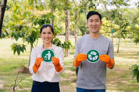 Cheerful Asian volunteers in orange gloves showing signs of recycling and right littering while...