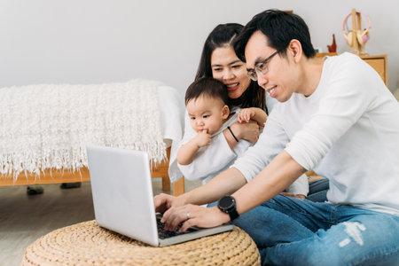 Asian father working using laptop with his wife and cute Asian baby boy while sitting on floor in...