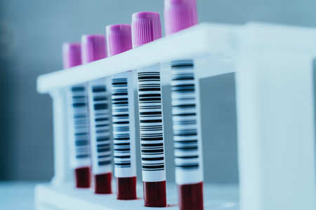 Blood test sample tubes in a rack for laboratory blood analysis. Science and Medical concept.