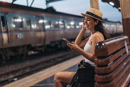 Cheerful young Hispanic Brunette woman sitting on bench on station platform using phone, Hua...