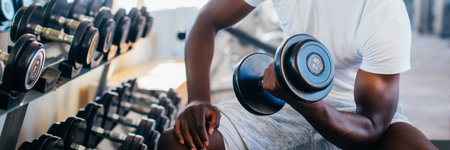 Young African American man sitting and lifting a dumbbell close to the rack at gym. Male weight training person doing a biceps curl in fitness centerの写真素材