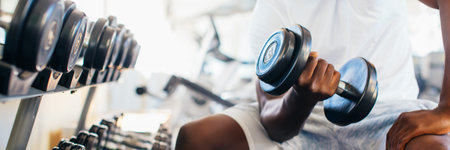 Young African American man sitting and lifting a dumbbell close to the rack at gym. Male weight...