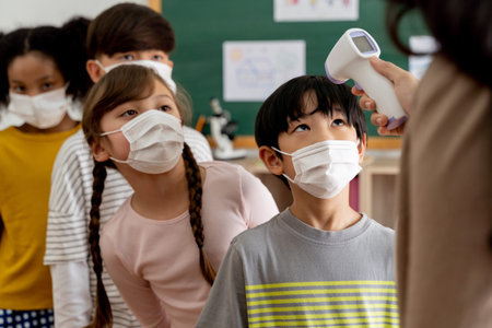 Group diverse students in school building checked and scanned for temperature check. Elementary...