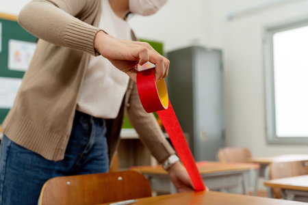 Female teacher using a red tape on the desks in classroom in primary school to keep social...