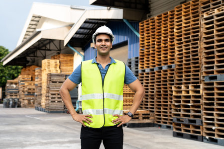 Portrait of young Indian worker working in logistic industry outdoor in front of factory warehouse....