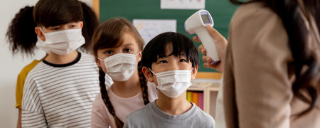 Banner group of diverse students in school building checked and scanned for temperature check....