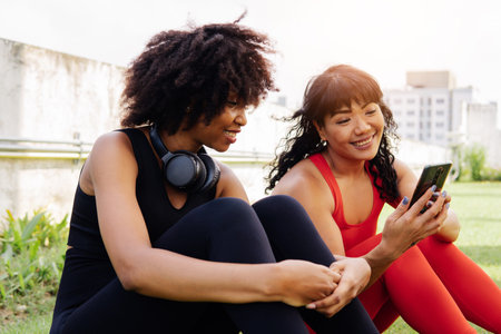 Diverse group of two female fitness friends talking and using a mobile phone in the park. Young women resting and smiling outdoorsの写真素材