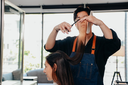 Young male Asian hairdresser concentrating on work while cutting and trimming long and beautiful hair of female customer in modern salonの写真素材