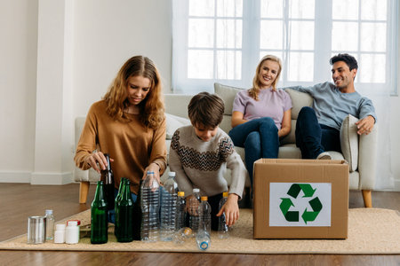 Teenage caucasian sister with younger brother organizing plastic and glass bottles for recycle while...