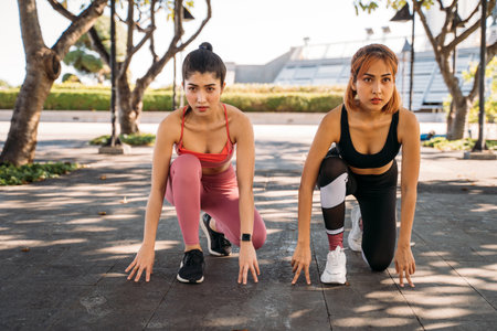 Young Asian female friends in sportswear sitting in starting position prepared to compete and run against each other in morning parkの写真素材