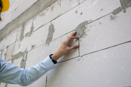 Asian engineer in uniform at construction site while checking and inspecting concrete material for...