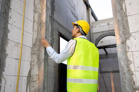 Asian engineer in uniform at construction site while checking and inspecting concrete material for...