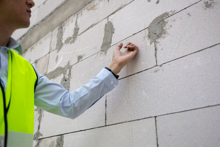 Asian engineer in uniform at construction site while checking and inspecting concrete material for house building. Professional engineering manager working on structure building at workplace.の写真素材