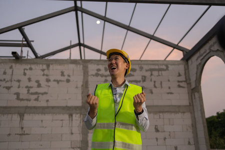 Asian engineer in uniform and helmet at construction site being happy and smiling for success. Successful project and happiness expression after work conceptの写真素材