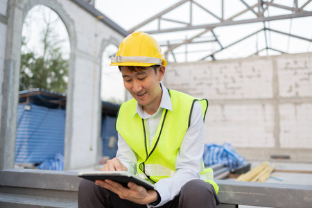 Happy Asian smiling in engineering uniform at construction site while holding a tablet. Young professional foreman working on structure building at workplace - with copy spaceの写真素材