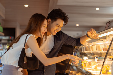 Asian smiling couple looking at cakes through the glass in the bakery and coffee shop. Man and woman pointing and ordering desserts while datingの写真素材