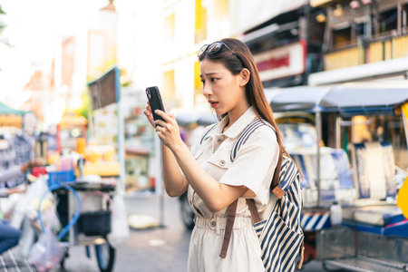 Young Asian woman getting lost and using map on a mobile phone while traveling and backpacker in Khaosan Road outdoor market in Bangkok, Thailandの写真素材