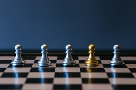 Closeup golden pawn placed amidst silver chess pieces on chessboard - Black sheep idiom concept