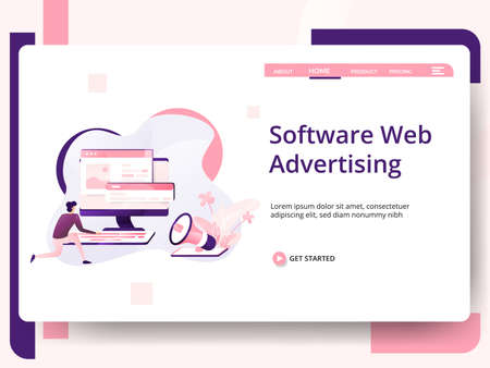 Illustration Software Development, the concept of men using laptops to create applications on smartphones, Can be used for landing pages, web, UI, banners, templates, backgrounds, flyers, postersのイラスト素材