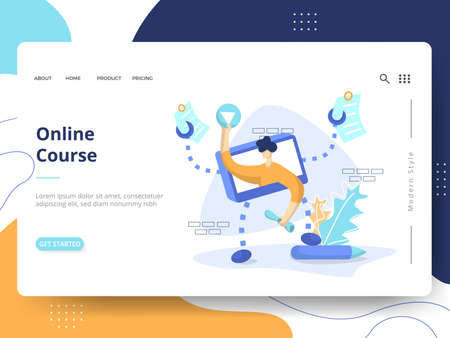 Online Course Illustration,the concept of E-Learning Education, can be used for landing pages, web, ui, banners, templates, backgrounds, flayer, posters, development.のイラスト素材