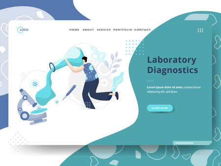 Flat illustration of Laboratory Diagnostics, the concept of men pouring liquid into a virus, fit to place on landing pages on websites and mobile website development.のイラスト素材