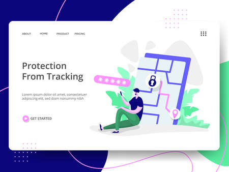 Landing page Solar Power, the concept of a man sitting next to a solar panel while using his laptop, can be used for ux, UI, banners, templates, backgrounds, web and mobile app development.のイラスト素材
