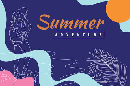 Summer Adventure Flat Illustration abstract background line art. Sales promotion material. perfect for social media banner design, poster, email, newsletter, advertisement, placardのイラスト素材