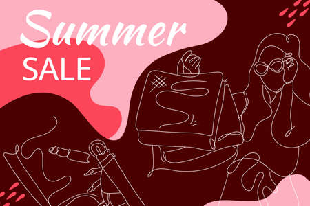Summer Shopping Flat Illustration abstract background line art. Sales promotion material. perfect for social media banner design, poster, email, newsletter, advertisement, placardのイラスト素材