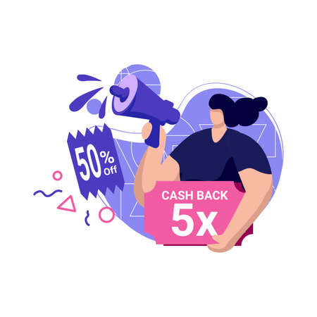 cashback campaign icon flat Illustration for 50% off get vouchers discounts, reward program color blue, pink, perfect for ui ux design, ecommerce, branding shopping sale, advertisiのイラスト素材