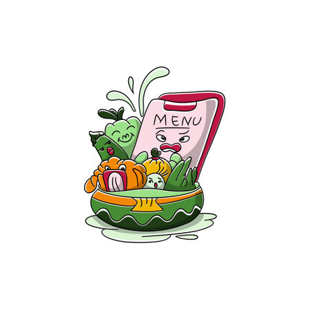 vegetarian lunch Vector doodle illustration background banner Healthy food Natural products, Elements for menu, advertisementのイラスト素材