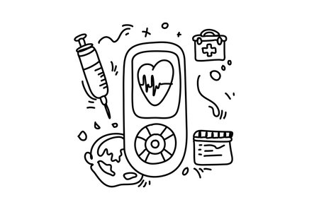 A hand holds a glucose meter. Nearby are a syringe, pills, and an ID card.のイラスト素材