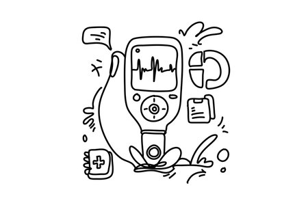 A hand holds a glucose meter. Nearby are a syringe, pills, and an ID card.のイラスト素材