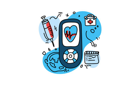 A hand holds a glucose meter. Nearby are a syringe, pills, and an ID card.のイラスト素材
