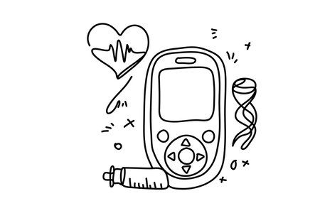 A hand holds a glucose meter. Nearby are a syringe, pills, and an ID card.のイラスト素材