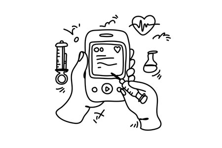 A hand holds a glucose meter. Nearby are a syringe, pills, and an ID card.のイラスト素材