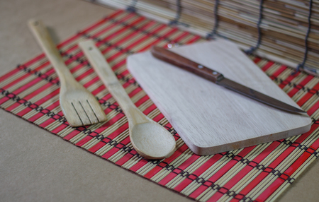 Cutting board, Knife and Ladle. Kitchenの写真素材