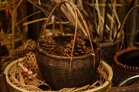 antique wicker basket handmade in thailandの写真素材