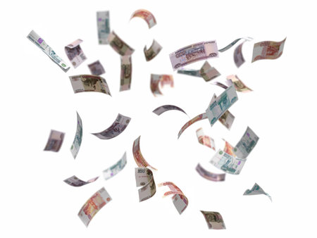 russian rubles falling isolated on white, 3d render with depth of field