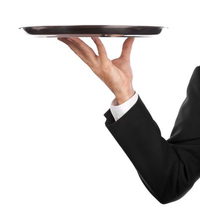 waiter with an empty silver plate .Isolated on a white backgroundの写真素材