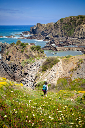 hiking trail  coast portugal , rota vicentina  springtimeの写真素材