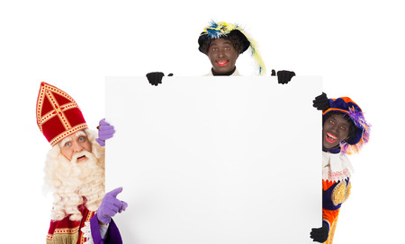 Sinterklaas and Black Pete with placard. isolated on white background. Dutch character of Santa Clausの写真素材