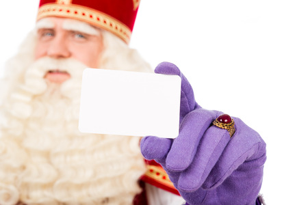 Sinterklaas with business card. isolated on white background. Dutch character of Santa Clausの写真素材