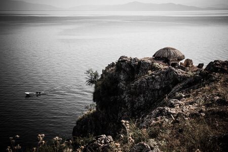 Old military bunker at Lake Ohrid in Lin village, Albania. Personal editing.の写真素材