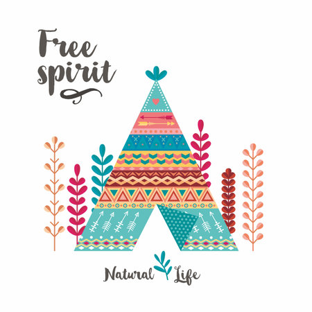Boho colorful ethnic tent with plants. Simple and flat vintage illustration. For greeting card,...