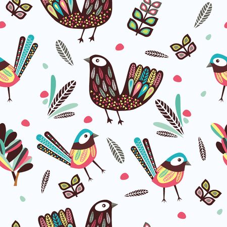 Vintage floral set with birds, abstract plants and leavesのイラスト素材