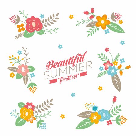 Collection with cute summer bouquet and typography. Set of retro flowers, branches and leaves.のイラスト素材