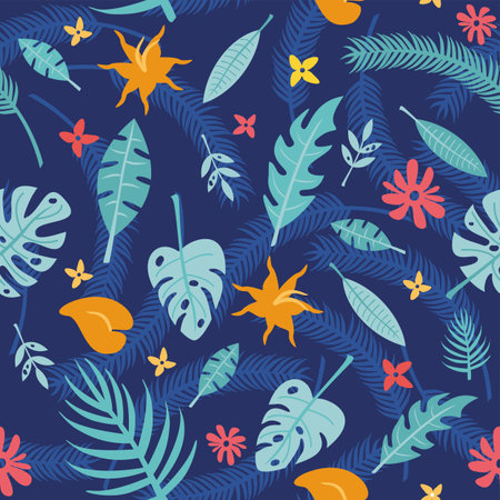 Tropical flowers of blue plants and bright leaves.