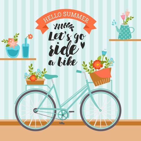 Let's go ride a bike. Awesome summer illustration in pastel colors. Vintage bicycle with floral basket. Cute bouquet in vases on shelves.のイラスト素材